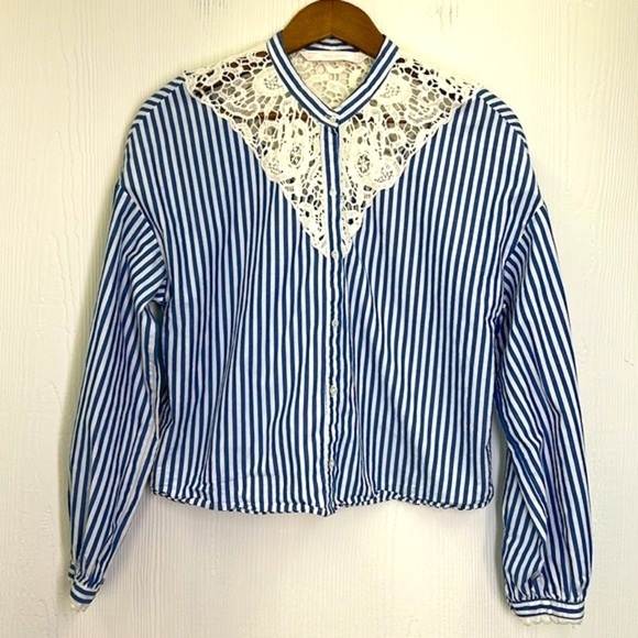 Zara - Lace Design Blue And White Stripe Button Down Long Sleeve Top Size XS - Picture 8 of 11